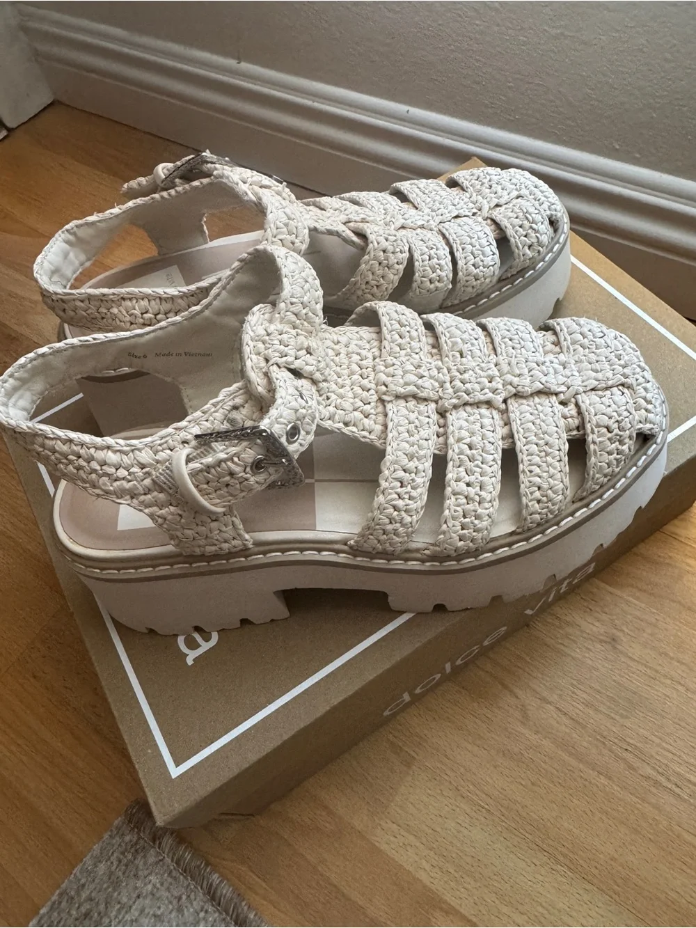 Dolce Vita Lasley raffia lattice Platform Sandals in the bone color